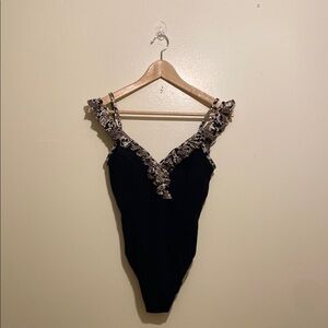 PROFILE Elegant Black Ruffled Women's Bodysuit. Size 10